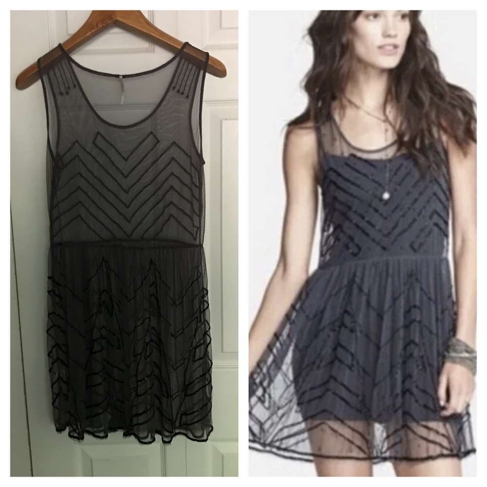 Free People Dress Starry Night Small Black beaded mesh overdress sheer chevron